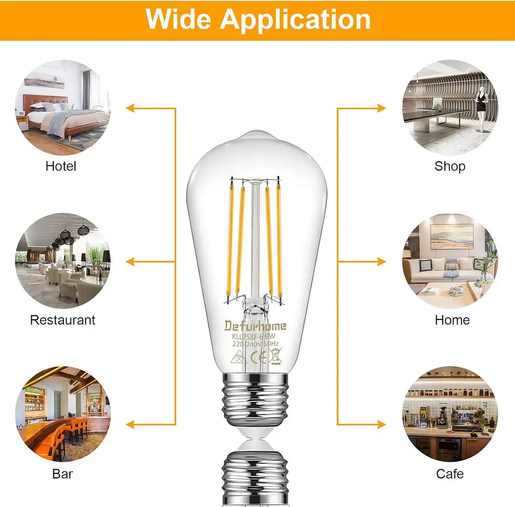 Defurhome ST58 E27 6W Светодиодные лампочки Edison 60W Equivalent, дневной белый 5000K, не затемненный, прозрачное стекло, базовая лампа - фото 2
