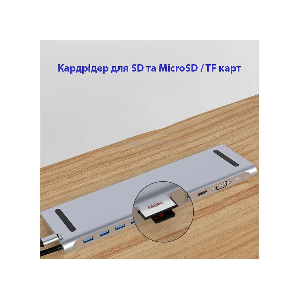 Порт-реплікатор Dynamode 11-in-1 USB-C to HDTV 4K/30Hz, VGA, 1хUSB3.0, RJ45, Type-C PD, Audio, SD/MicroSD (BYL-2003) - фото 7