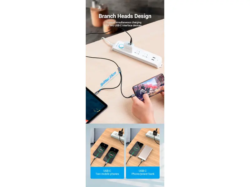 Кабель USB Type-C Vention 2-in-1 USB-A to Dual USB-C Y-Splitter Cable 1m Gray (CQOHF) - фото 6