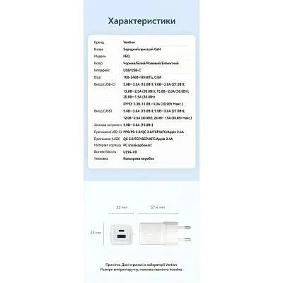 Зарядний пристрій Vention 1xUSB-C PD30W + 1xUSB QC3.0 30W GaN white (FEQW0-EU) - фото 10