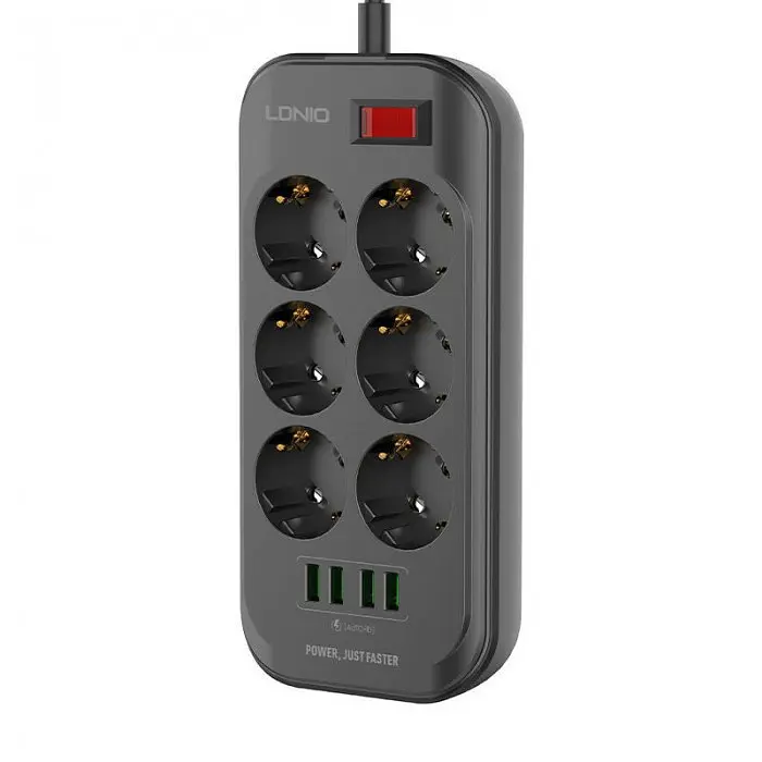 Мережевий фільтр подовжувач 6 розеток з 4 USB 2м із захистом та заземленням чорний LDNIO SE 6403 2500W 10A - фото 4