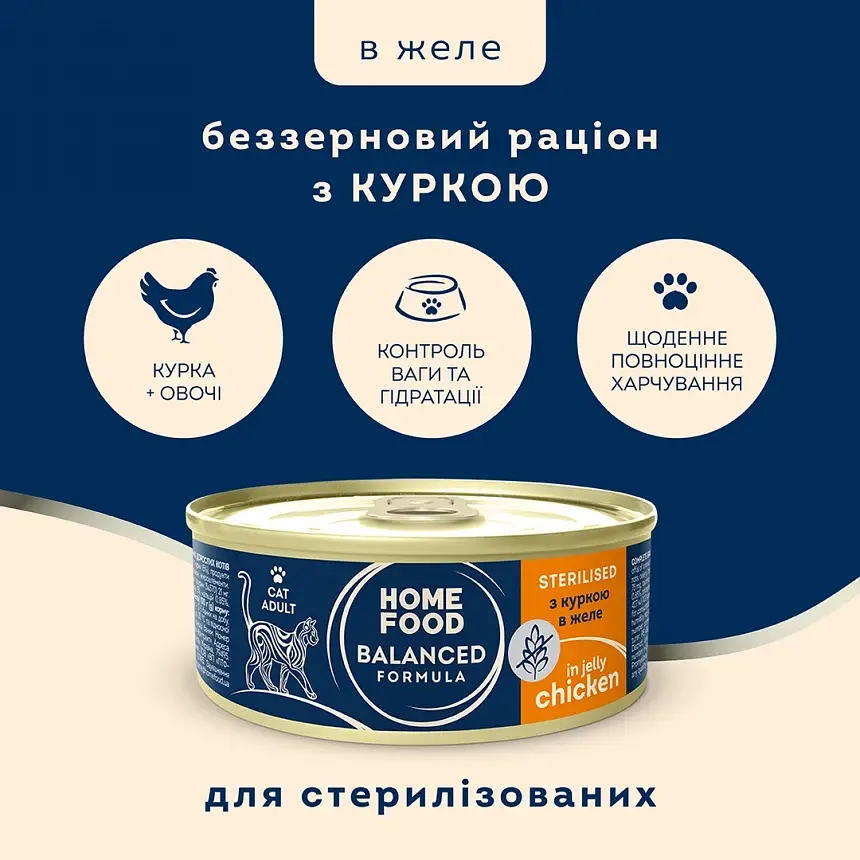Консервований корм Home Food для стерилізованих/кастрованих дорослих котів з куркою в желе 85г - фото 2