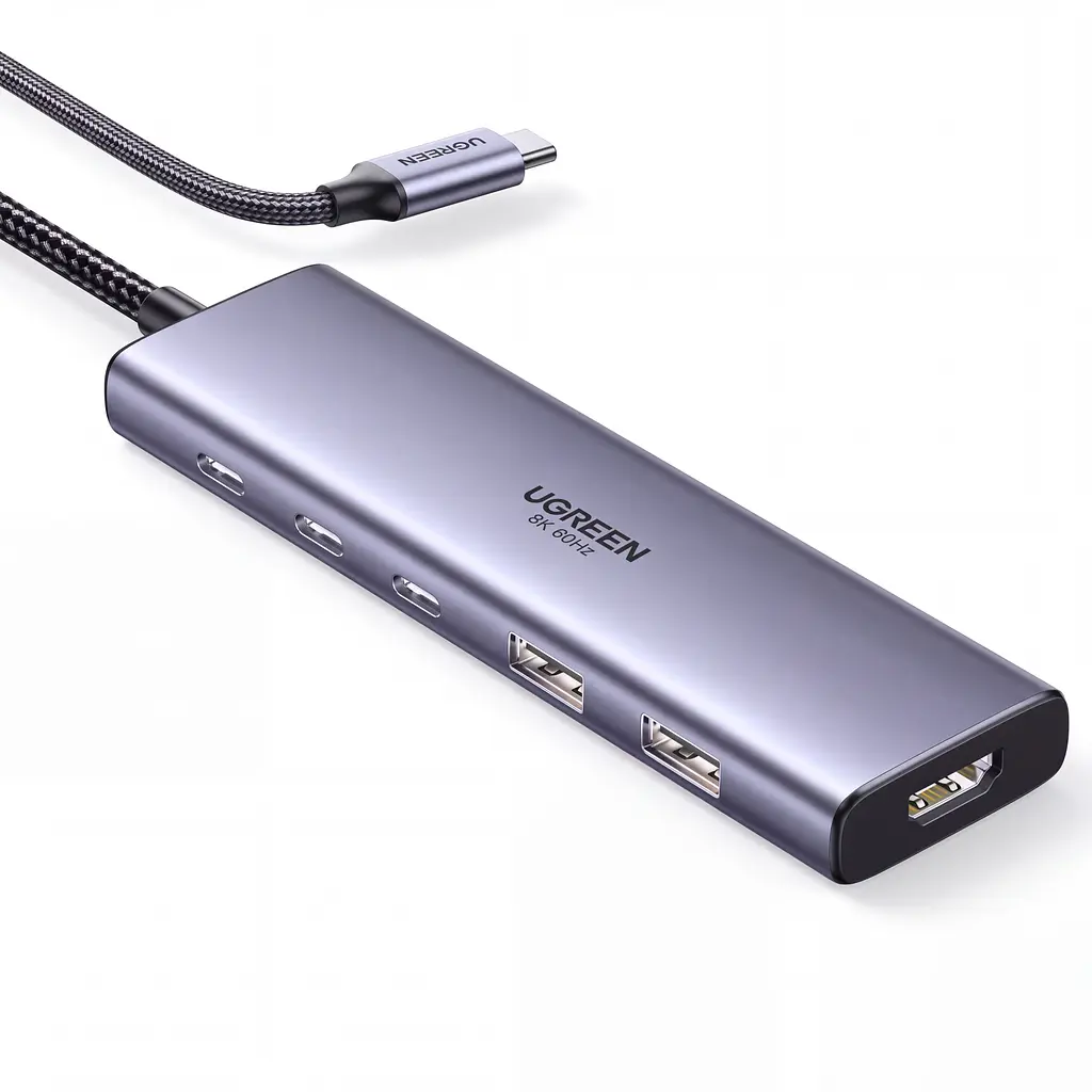 Док-станція UGREEN CM500 USB-хаб підключення до комп’ютера USB-C USB4 2 USB-A та 2 USB-C лише для даних USB 3.2 Gen2 до 10 Гбіт/с спільно для всіх портів даних відеовихід HDMI 2.1 до 8K 60 Гц для HDMI потрібен відеосигнал DisplayPort через порт комп’ютера вхід живлення USB-C PD 3.0 100 Вт із заряджанням ноутбука до 95 Вт заряджання лише для ноутбуків із прийманням живлення USB-C PD для максимальної потужності заряджання потрібен зарядний пристрій PD 100 Вт вбудований кабель 20 см космічний сірий (25102)