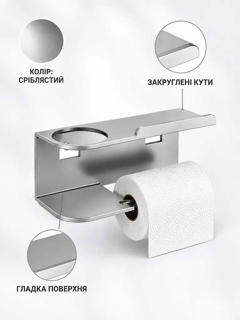 Настінний тримач туалетного паперу з полицею для телефона та органайзером 23×8×9 см без свердління, сірий (49676326) - фото 5
