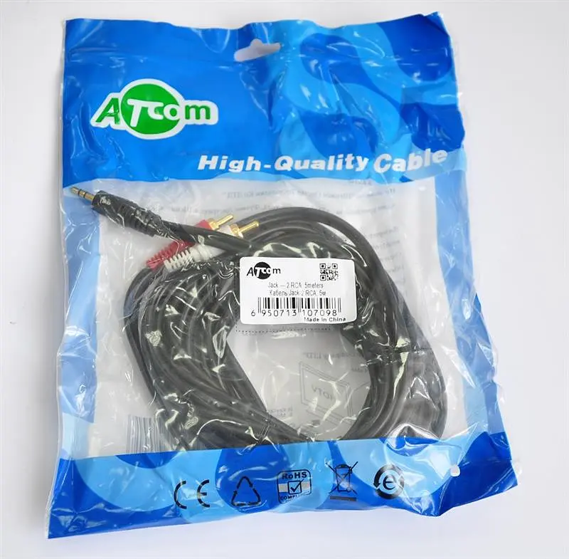 Аудіо-кабель Atcom (10709) mini-jack 3.5мм(M)-2xRCA-тюльпан(M) 5м пакет - фото 2
