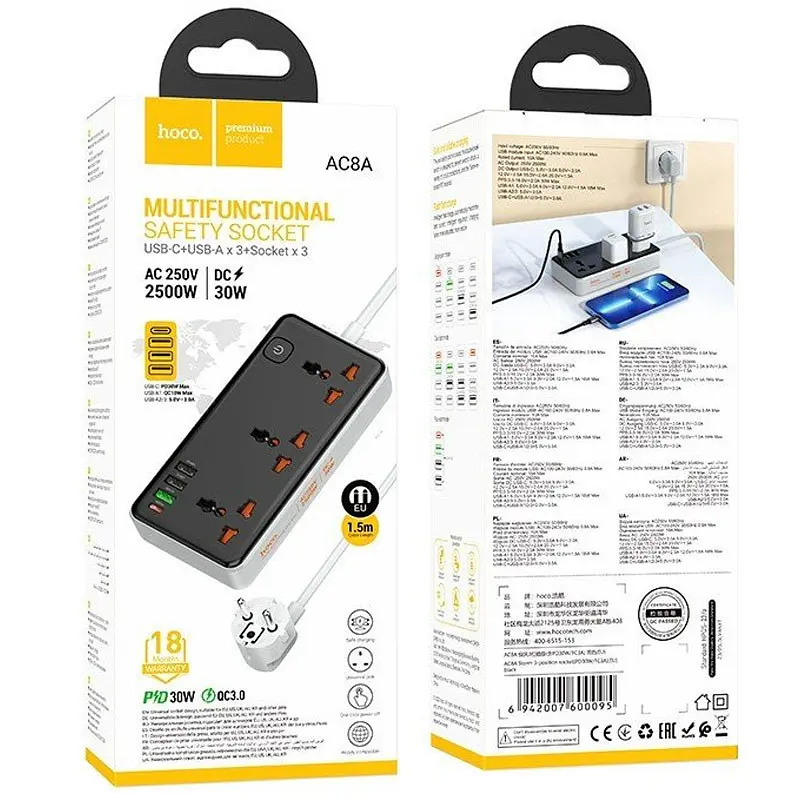 Подовжувач AC8A Storm (PD30W/1C/3A/3xSocket) (1.5 m) Black Hoco teh0029525 - фото 2