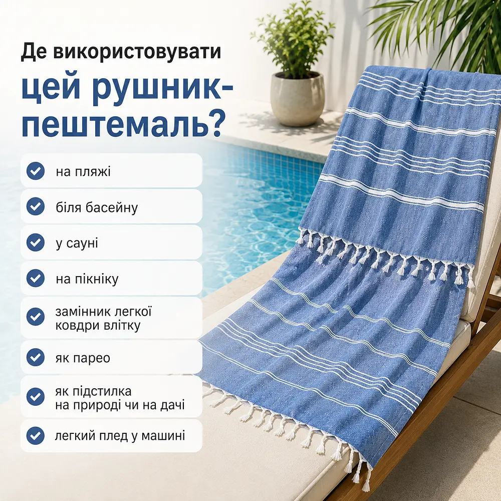 Рушник пештемаль Turkey Towel 100х180 см легкий великий для пляжу басейну бані сауни підстилка на дачу пікнік природу відпустку море Organik синій - фото 3