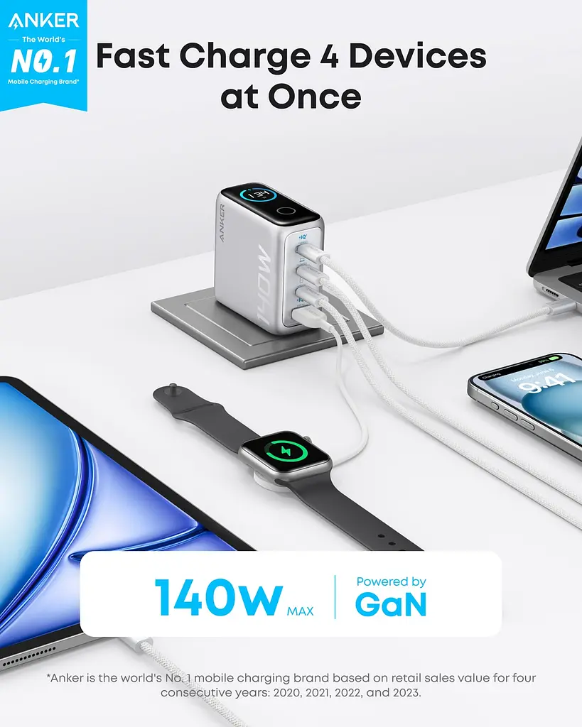 Мережевий зарядний пристрій Anker Laptop GaN Charger Silver, 140W 3xUSB-C 1xUSB-A Display (B2697G41) + кабель USB Type-C - фото 2