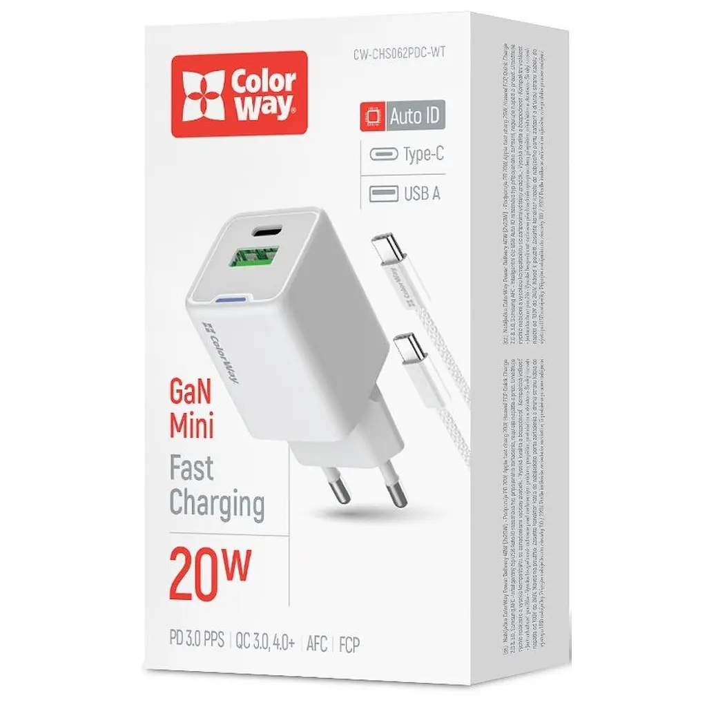 Зарядний пристрій ColorWay C101A GaN Mini 20 Вт PD PPS USB-C + USB-A QC 4.0 + кабель USB-C — USB-C чорний (CW-CHS062PDC-WT) - фото 7