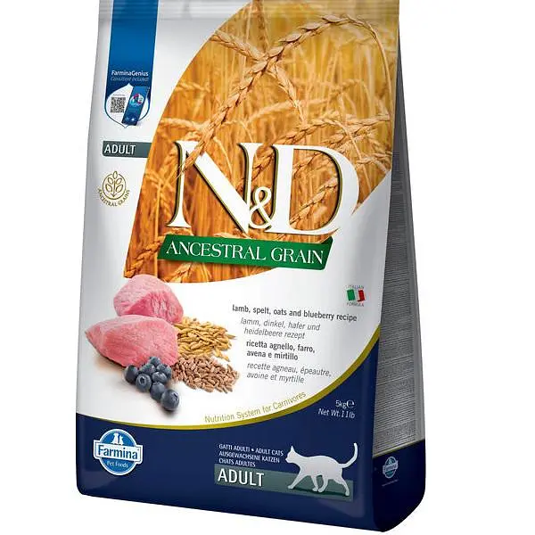 Низькозерновий сухий корм Farmina N&D Prime Cat Lamb для дорослих котів (ягня, чорниця), 5 кг
