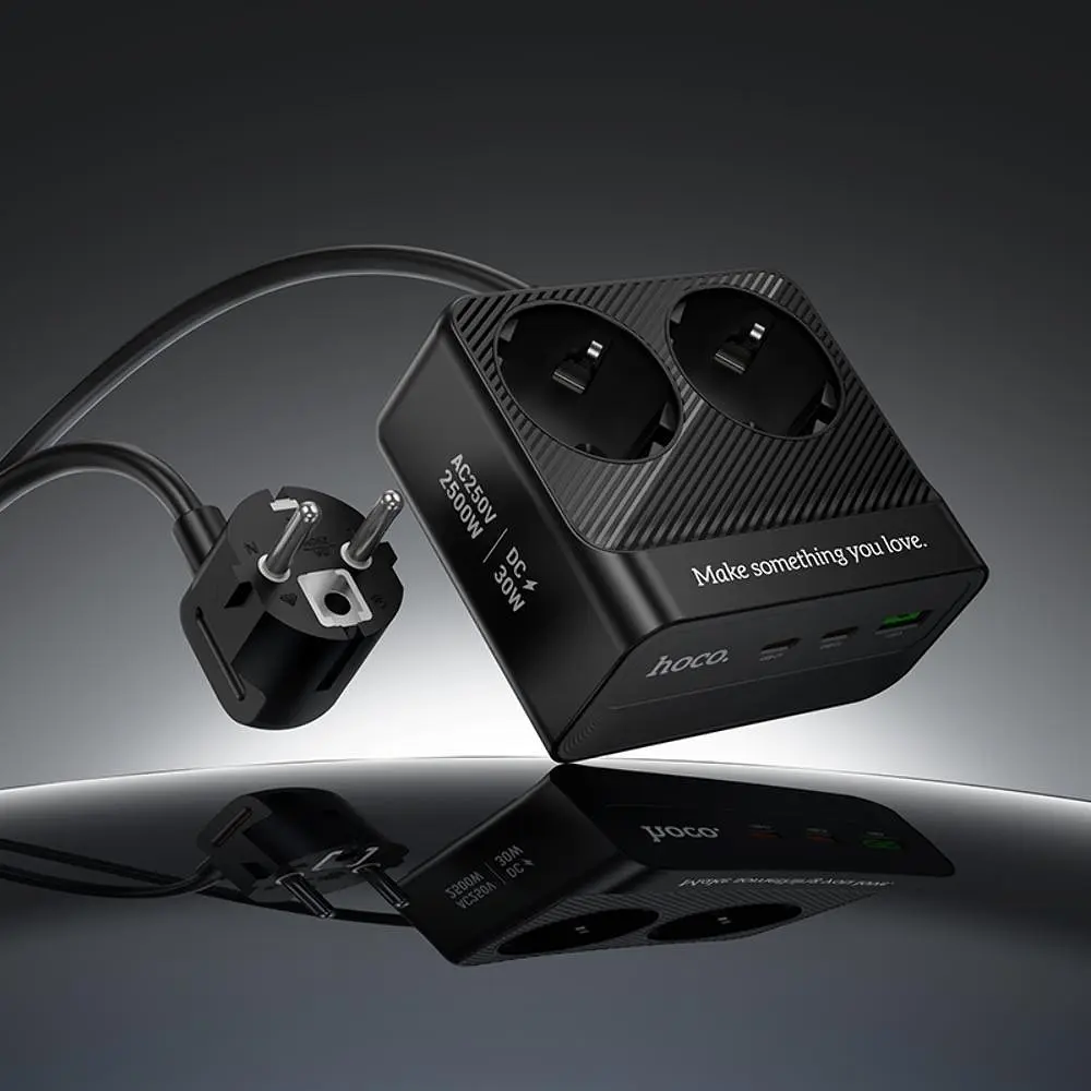 Мережевий зарядний пристрій подовжувач Hoco AC27 USB/2 Type-C PD 30W 2 розетки 2m чорний - фото 2