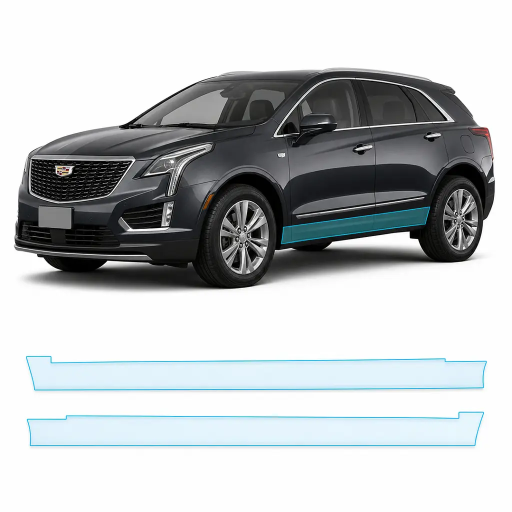 Антигравійна захисна бронеплівка за лекалами для Cadillac XT5 I facelift 2020- нижня зона кузова пороги