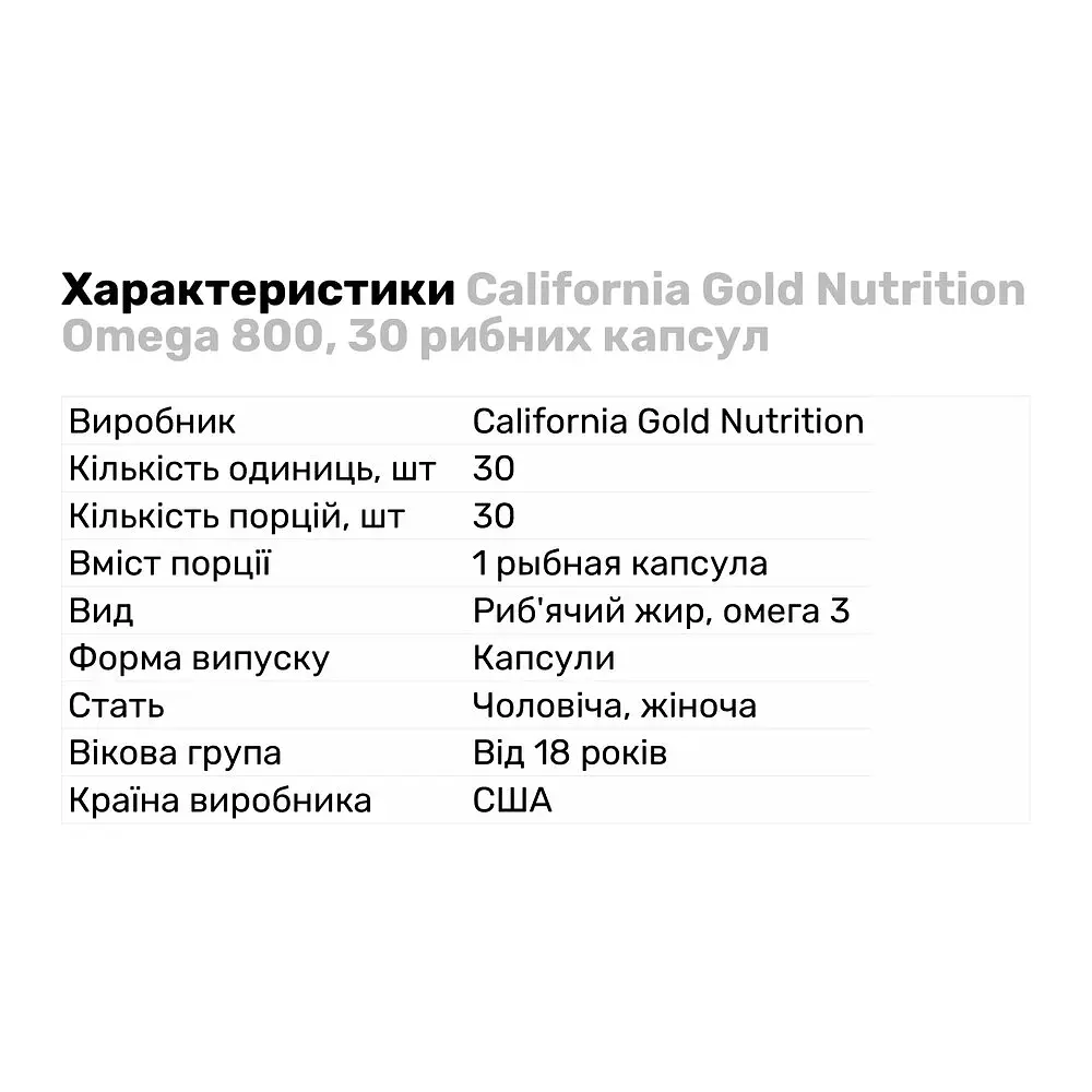 Жирні кислоти California Gold Nutrition Omega 800 30 рибних капсул - фото 2