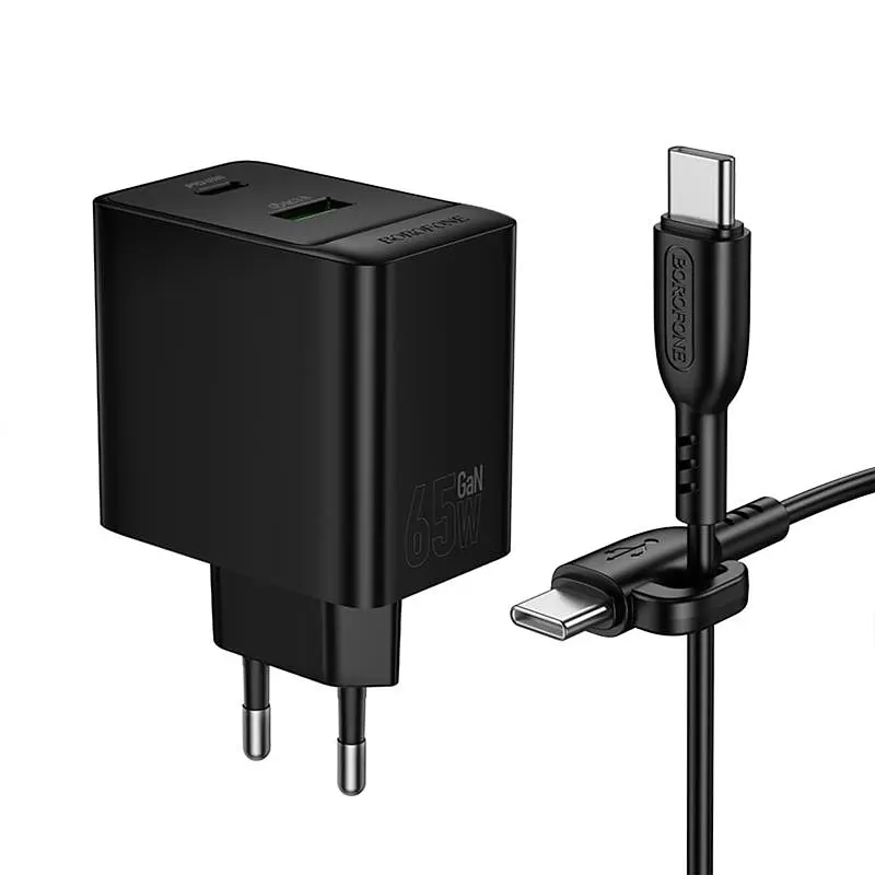 СЗУ Borofone BAS17A Erudite PD65W+QC3.0 (1USB-A/1C) + кабель Type-C to Type-C Black - фото 4