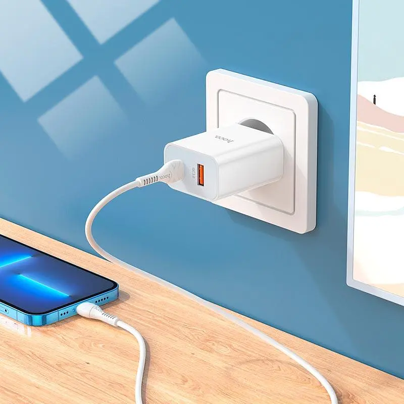 Блок живлення зарядний адаптер HOCO C97A 2 виходи + кабель Type-C to Lightning charger set 2 виходи білий - фото 6