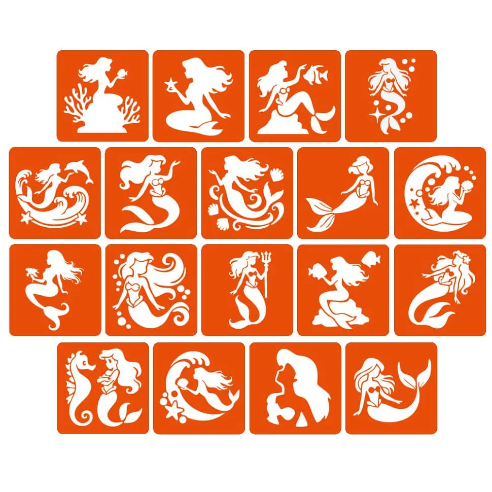 Набір трафаретів для біо-тату "Русалки" mermaids-5x5-18, 18 трафаретів