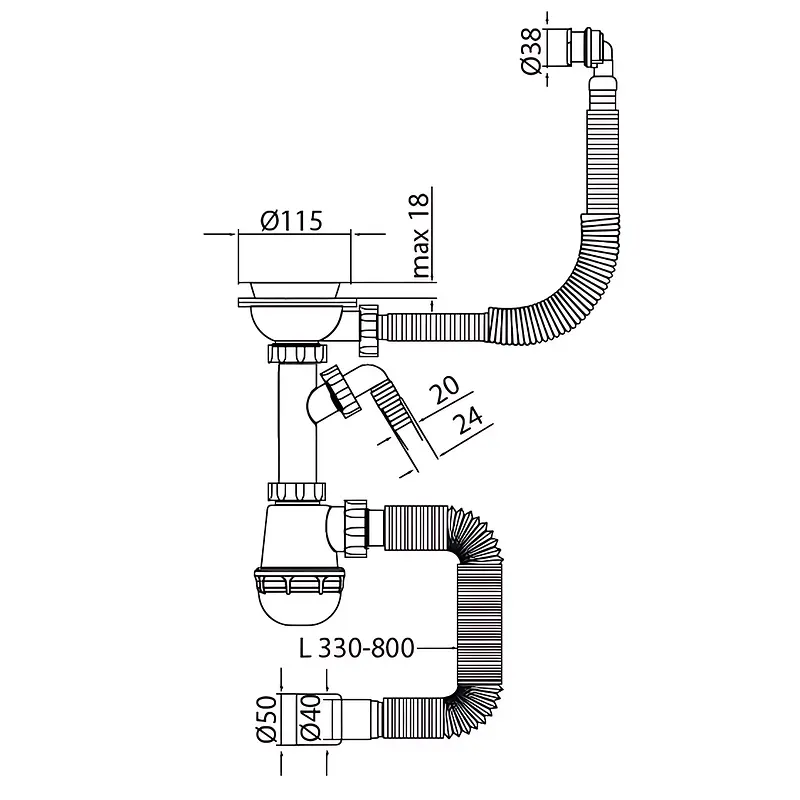 Сифон для кухни Mixxus SK-06-Wh с пластиковой сеткой, отводом для стиральной машины и гибким круглым переливом 3 1/2″ × 40 MI8197 - фото 2