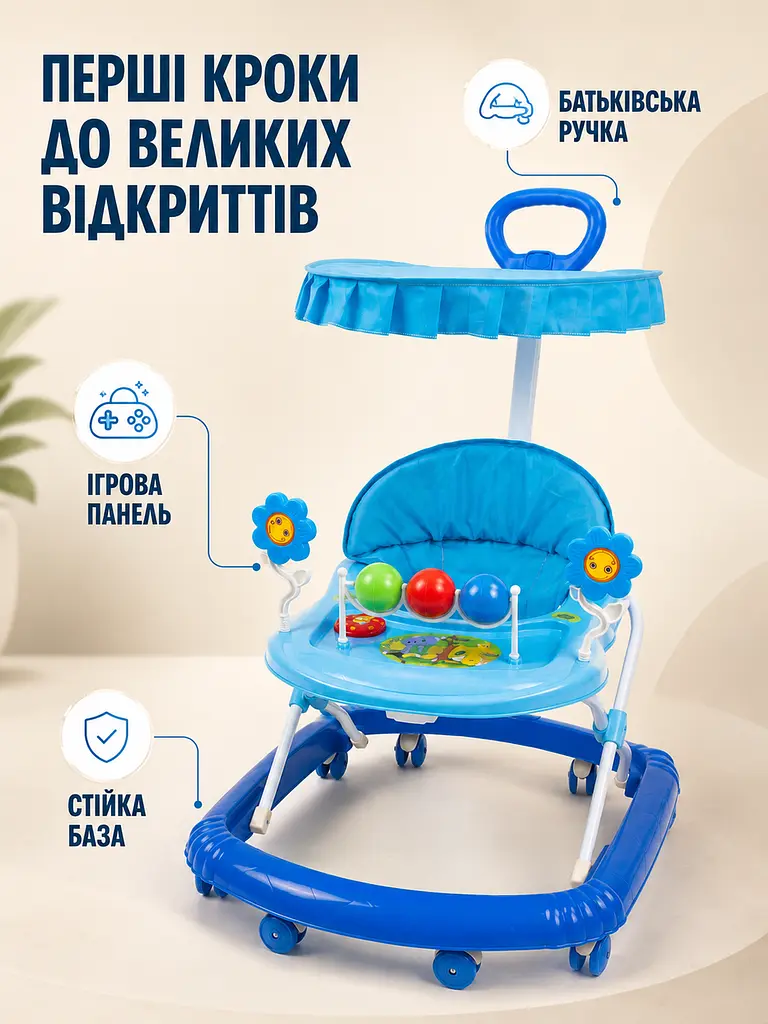 Дитячі ходунки з ігровою панеллю, ручкою та козирком блакитні (49676181) - фото 6