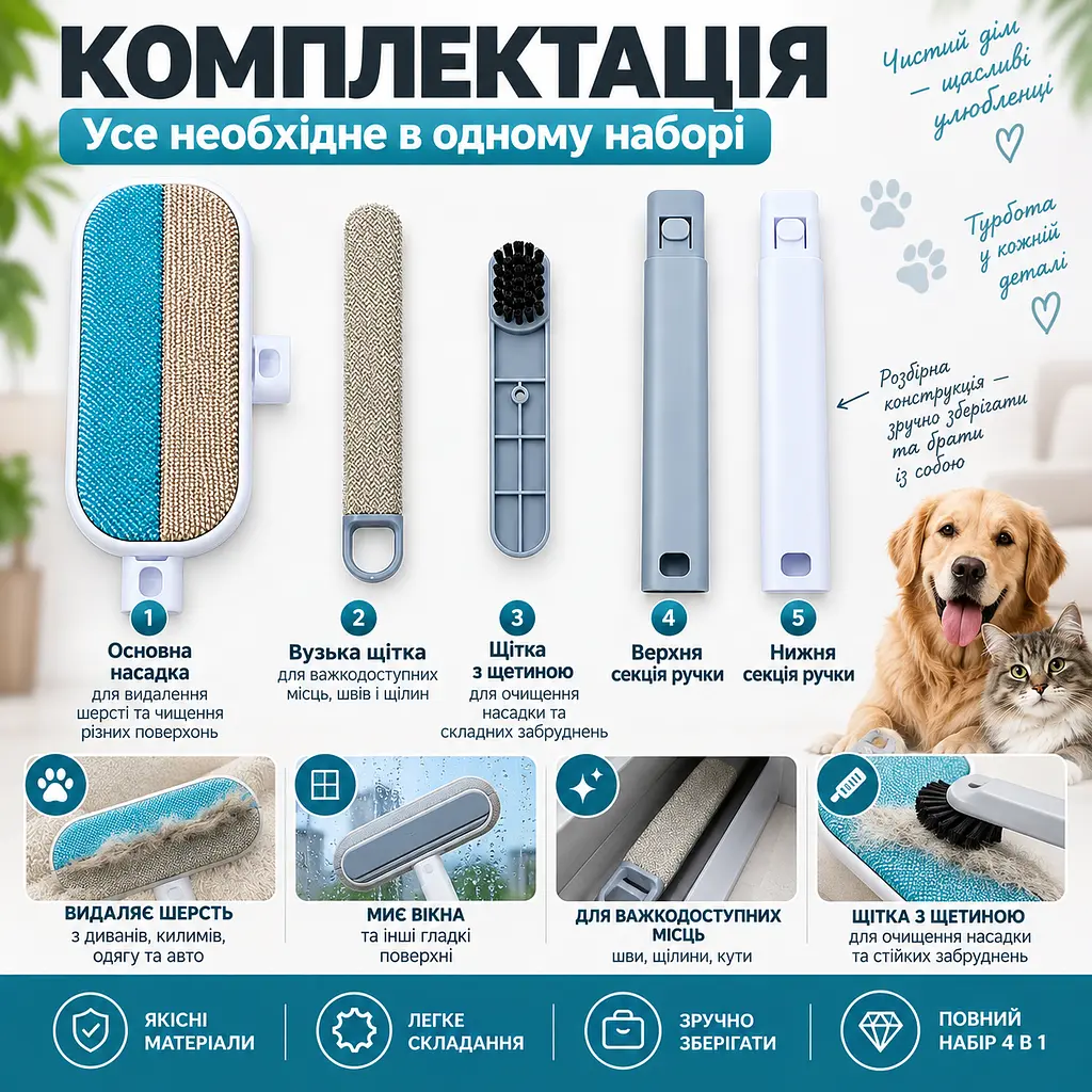 Щітка 4 в 1 для видалення шерсті тварин, чищення меблів, килимів, одягу та вікон з довгою ручкою 59 см-KT9004202 - фото 2