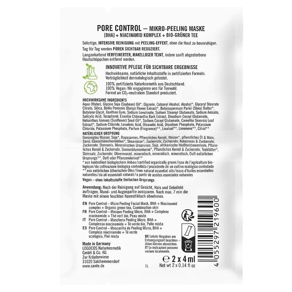 БІО-Маска-пілінг PORE CONTROL для комбінованої шкіри обличчя з BHA-кислотою та ніацинамідним комплексом SANTE 2*4мл - фото 2