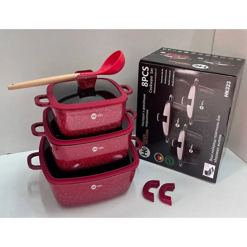 Набір каструль Higher Kitchen HK-323 з гранітним антипригарним покриттям XPRO червоний (41923-HK-323 КРАСНЫЕ_2093) - фото 5