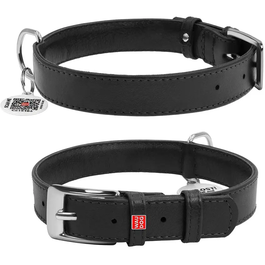 Ошейник для собак Waudog Glamour, кожаный, с QR паспортом, 38-49х2,5 см, черный - фото 3