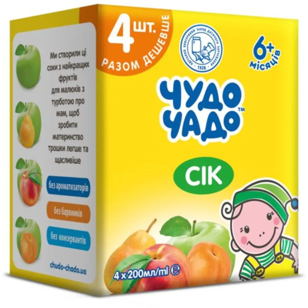 Уценка. Сок Чудо-чадо Яблоко-абрикос + Яблоко + Яблоко-персик + Яблоко-груша 4 шт по 200 мл - фото 2
