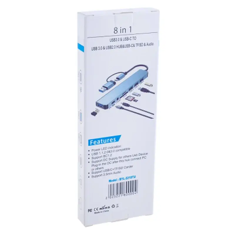 Концентратор Dynamode USB-C/A 8-in-1 1xUSB-C + 1xUSB 3.0 + 3xUSB 2.0 + 3.5mm audio + SD/TF silver (BYL-2218TU) - фото 4