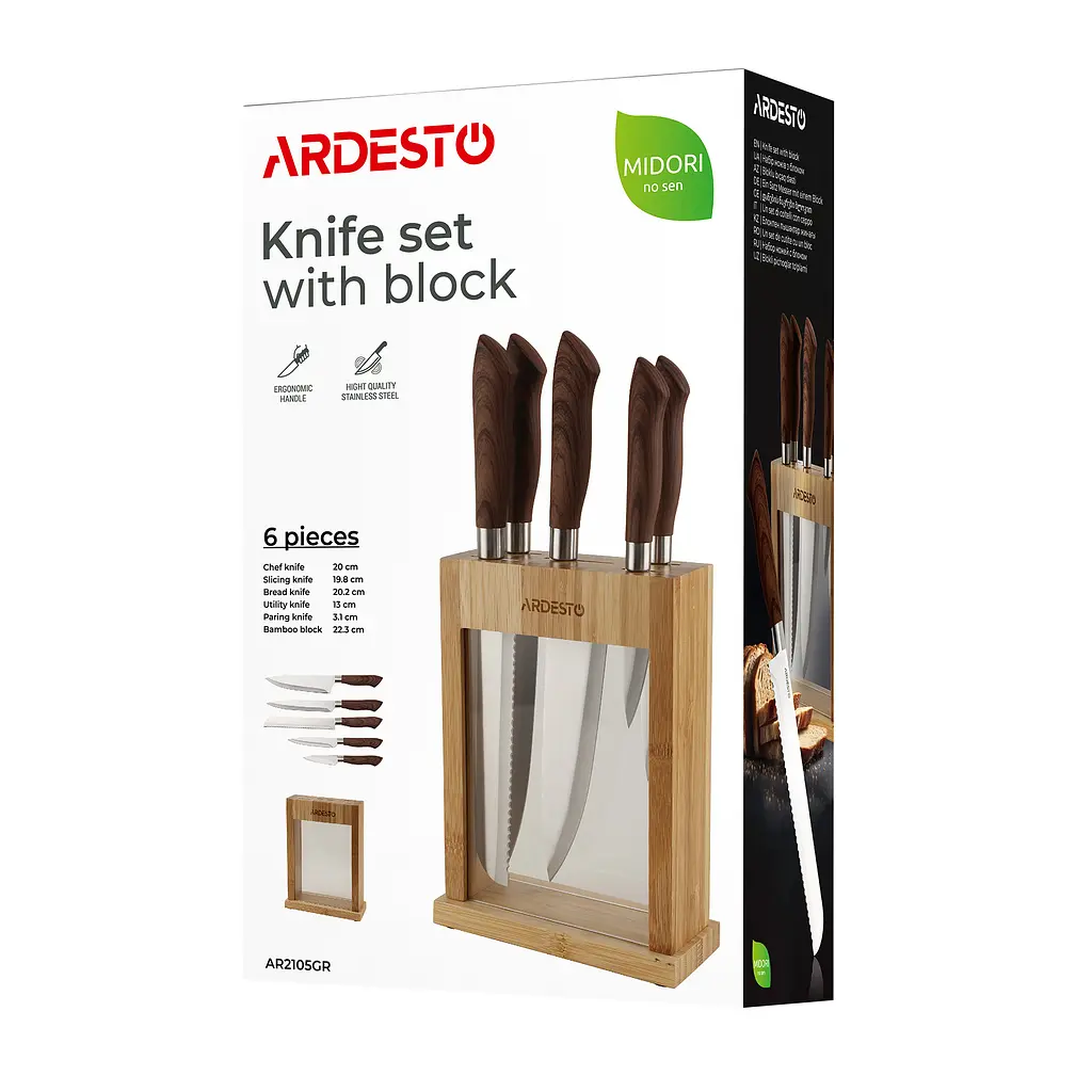 ARDESTO Набор ножей с блоком Midori, 6 предметов, нержавеющая сталь, пластик, бамбук, коричневый - фото 10
