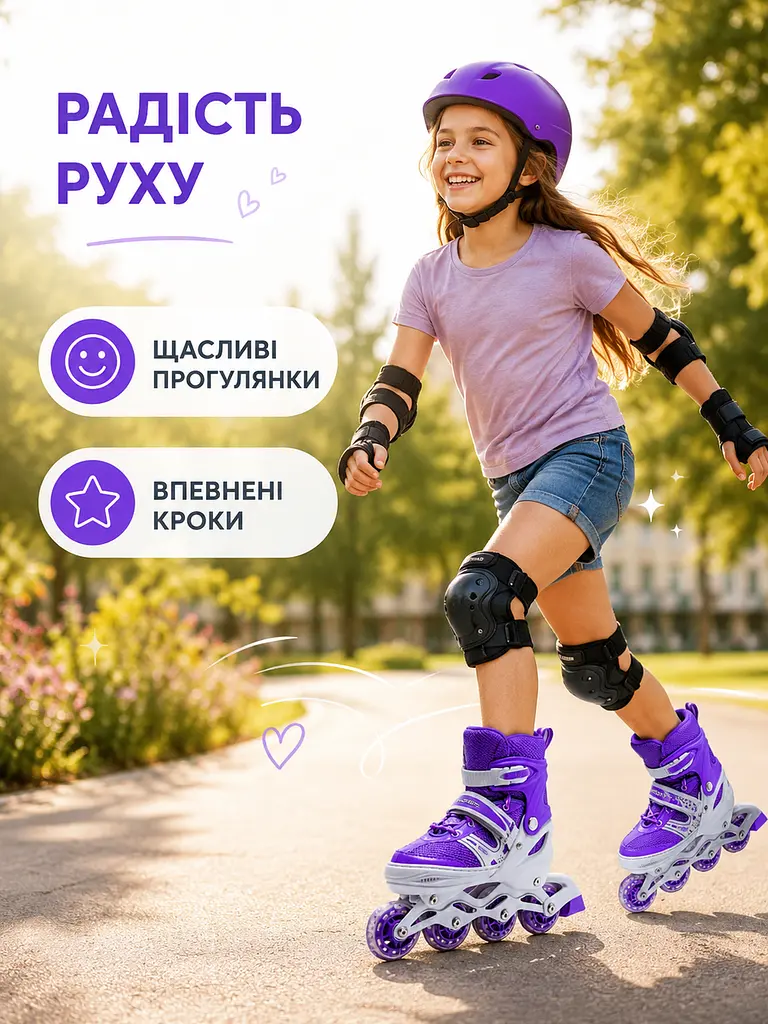 Дитячі ролики для дівчинки S 31-34, розсувні з колесом що світиться фіолетові (49676201) - фото 8
