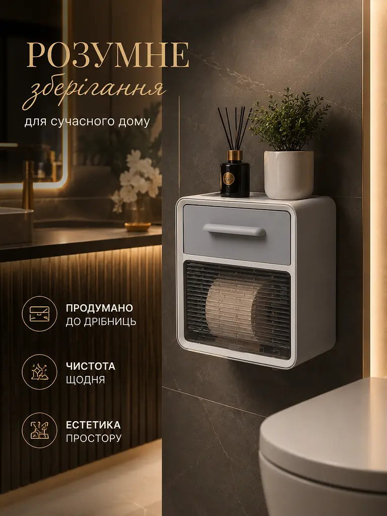 Тримач для туалетного паперу сірий 24×22×14 см із полицею та шухлядою (49676122) - фото 8