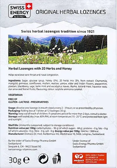 Льодяники від застуди Swiss Energy Herbal Lozenges Blister 20 herbs Honey 12 льод мед - фото 2