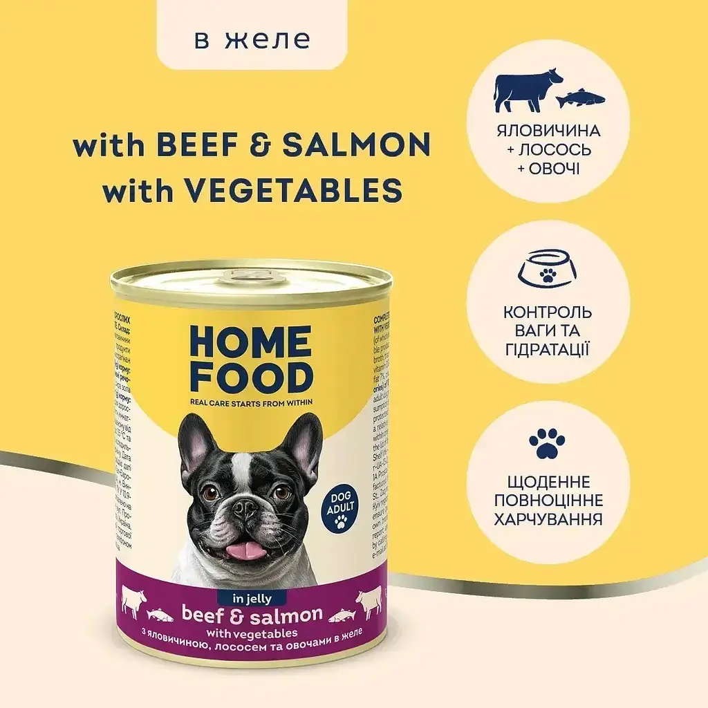 Повнораціонний консервований корм Home Food для дорослих собак з яловичиною, лососем та овочами в желе 360 г - фото 2