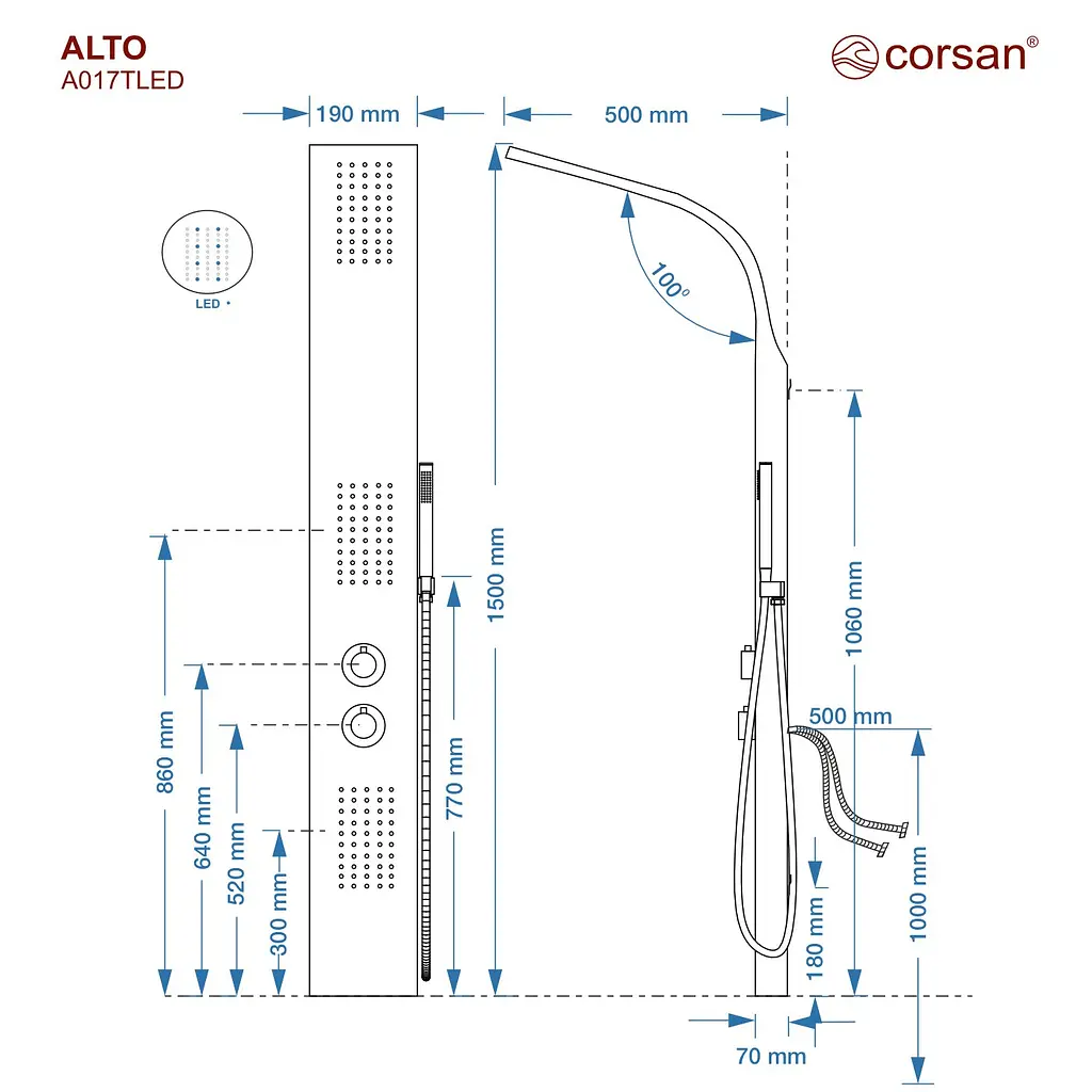 Душова панель Corsan Alto silver LED з термостатом A017TSLLED, Сірий - фото 2