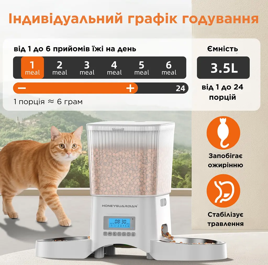 Автоматична годівниця для котів HoneyGuardian A25D 3,5 л з двома мисками, Білий - фото 2