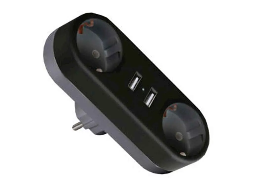 Розгалуджувач-перехідник EUROELECTRIC 2 гнізда+2USB чорний із заземленням X2, 16A - фото 2