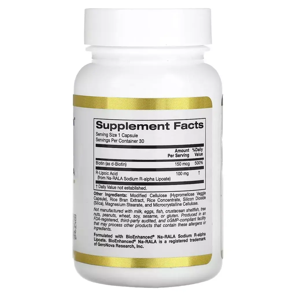 R-Ліпоєва Кислота California Gold Nutrition Stabilized R-Lipoic Acid 30 вегетаріанських капсул - фото 2