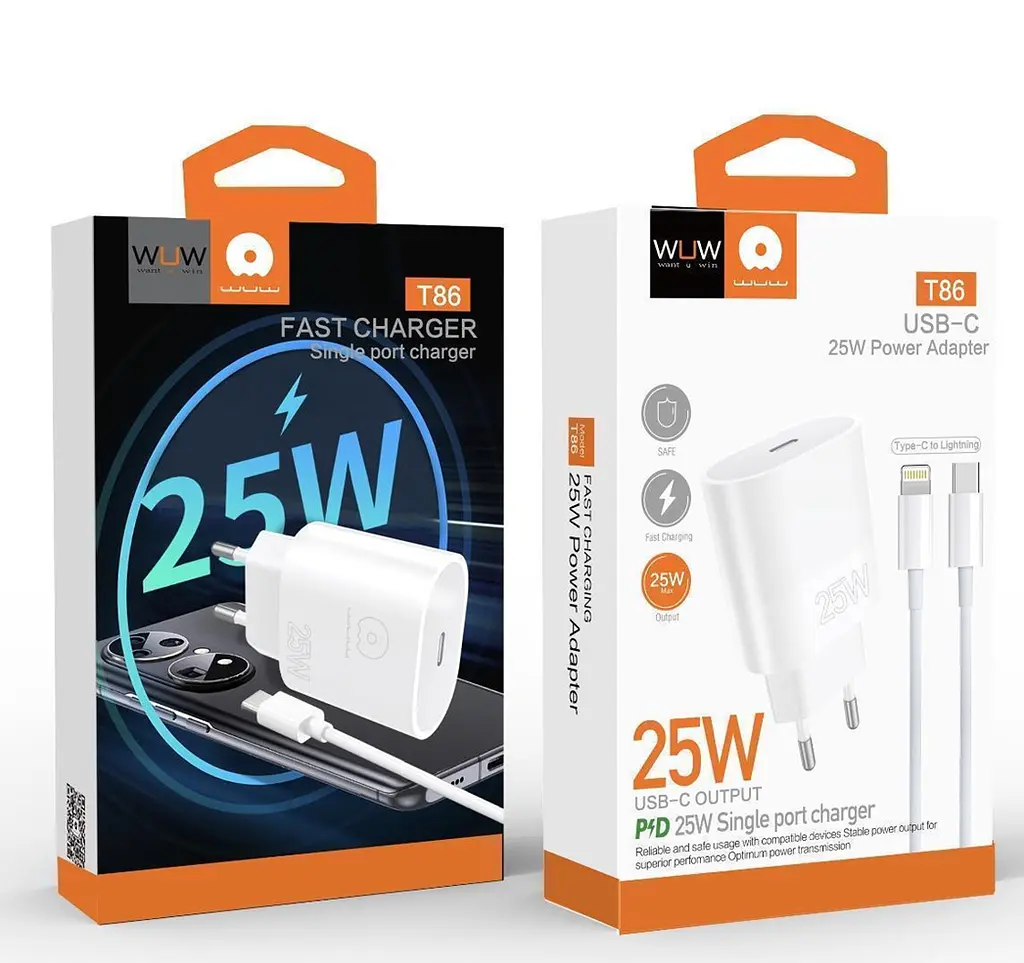 Мережевий зарядний пристрій з кабелем WUW-T86L PD 25W fast charger + USB C to lighting set - фото 2