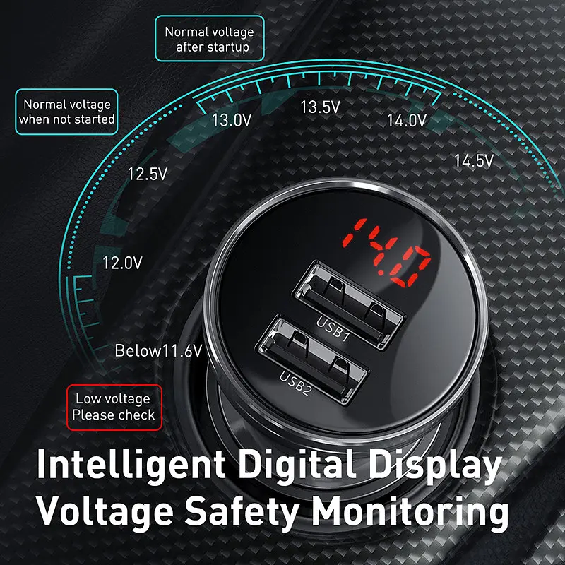 Зарядный комплект для авто BASEUS Digital Display Dual 4.8 A 24 W 2 порта юсб TZCCBX-0G - фото 8
