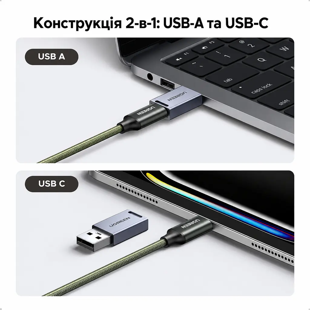 Картридер-кейс UGREEN CM856 підключення USB-C з комплектним перехідником на USB-A слоти для читання 2 × SD та microSD (TF) USB 3.0 до 5 Гбіт/с одночасне читання й запис SD1 + SD2 або SD1 + TF місця для зберігання 6 SD та 4 microSD підтримка карт до 4 ТБ Windows macOS Linux без встановлення драйверів зсувна кришка вбудований кабель 15 см сірий із чорним внутрішнім лотком (55899) - фото 4