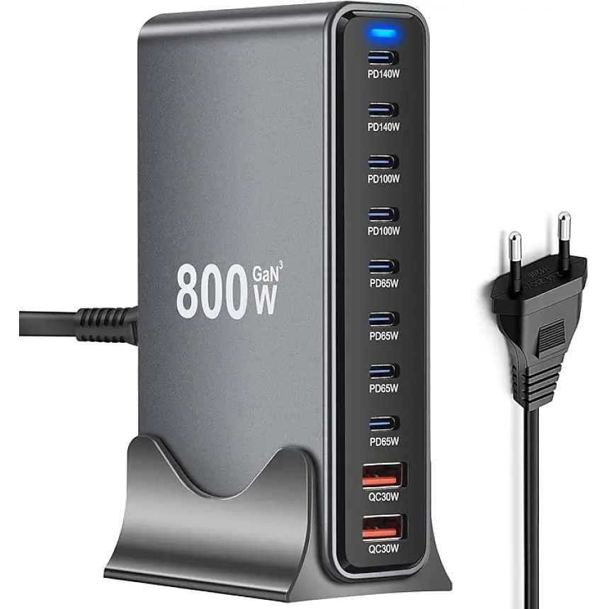 Зарядная станция ILEPO 800W многопортовая на 2 USB + 8 Type-C / сетевое мультизарядное устройство Black (19022) - фото 2