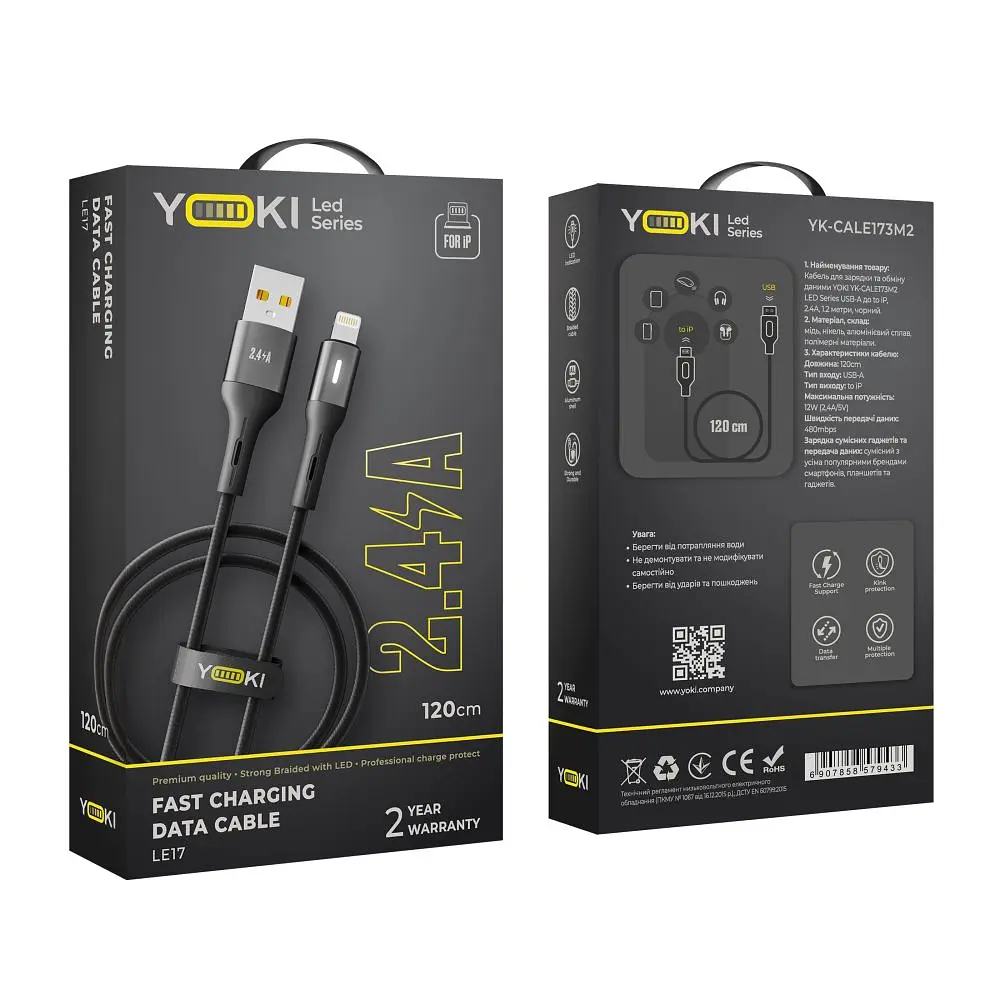 Кабель для заряджання та обміну даними USB Yoki YK-LE17 LED Series USB/Lightning 12W 2.4A/5V 1.2 m Black - фото 2