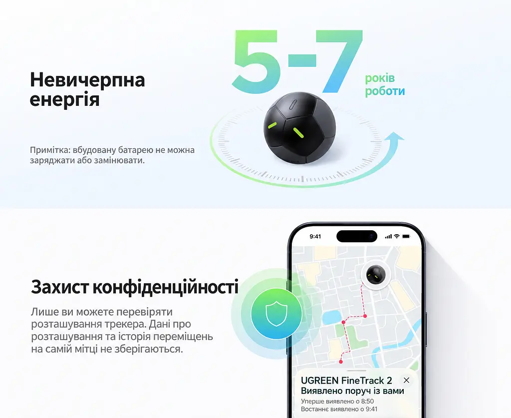 Bluetooth-трекер для пошуку речей UGREEN FineTrack Duo 2 FT311 AirTag пошукова мітка Apple Find My для iPhone та iPad з iOS/iPadOS 14.5 або новішими звуковий пошук до 110 дБ сповіщення про забуті речі режим втрати з контактами власника пиловологозахист IP68 фотолюмінесцентні елементи батарея на 5–7 років без можливості заміни та перезаряджання чорний (95344) - фото 8