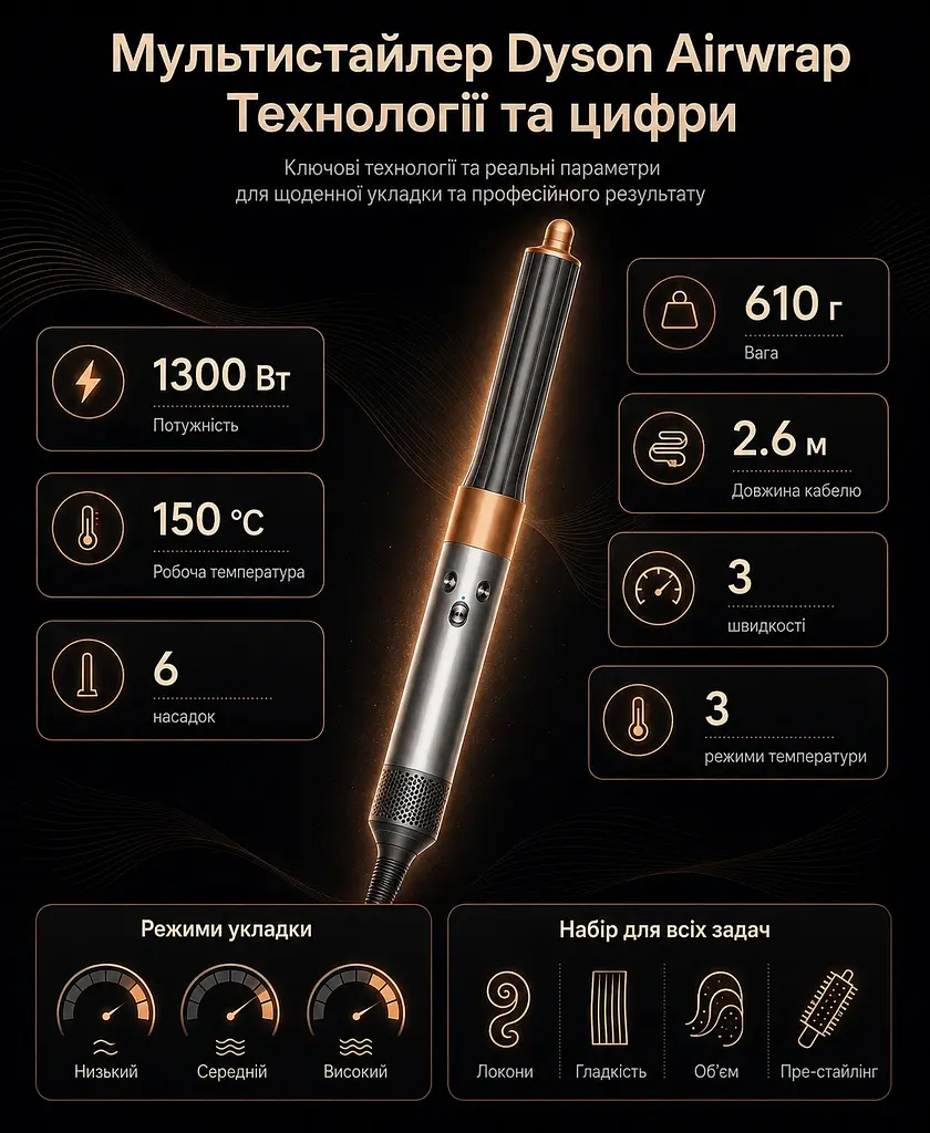 Стайлер Dyson Airwrap Complete Long Nickel-Copper (400718-01), мультистайлер 1300 Вт, 6 насадок - фото 5