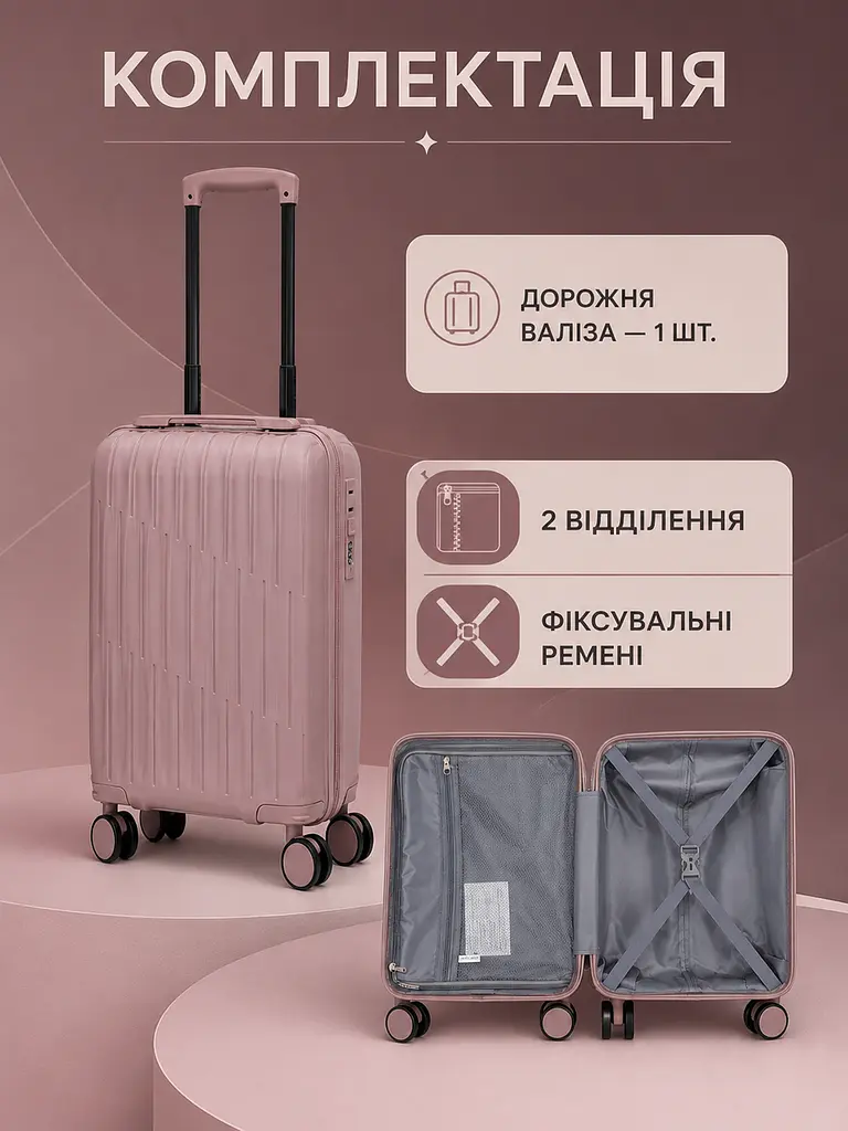 Дорожня валіза на коліщатках 40×30×20 см для ручної поклажі з телескопічною ручкою та кодовим замком, рожеве золото (49676348) - фото 6