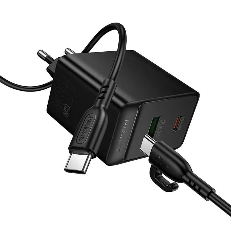 СЗУ Borofone BAS16A Erudite PD45W+QC3.0 (1USB-A/1C) + кабель Type-C to Type-C Black - фото 3