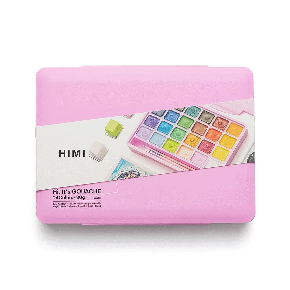 Набір гуашевих фарб HIMI Jelly Cup 24x30 мл, 3 пензлі, рожевий пластиковий пенал (6976939681679) - фото 10