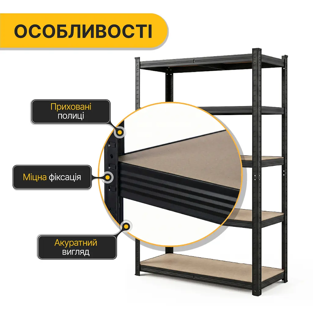 Стелаж LEOBRO Premium Black 180 х 100 х 50 см, 200кг/полиця, 5 полиць (LB-R129) - фото 7