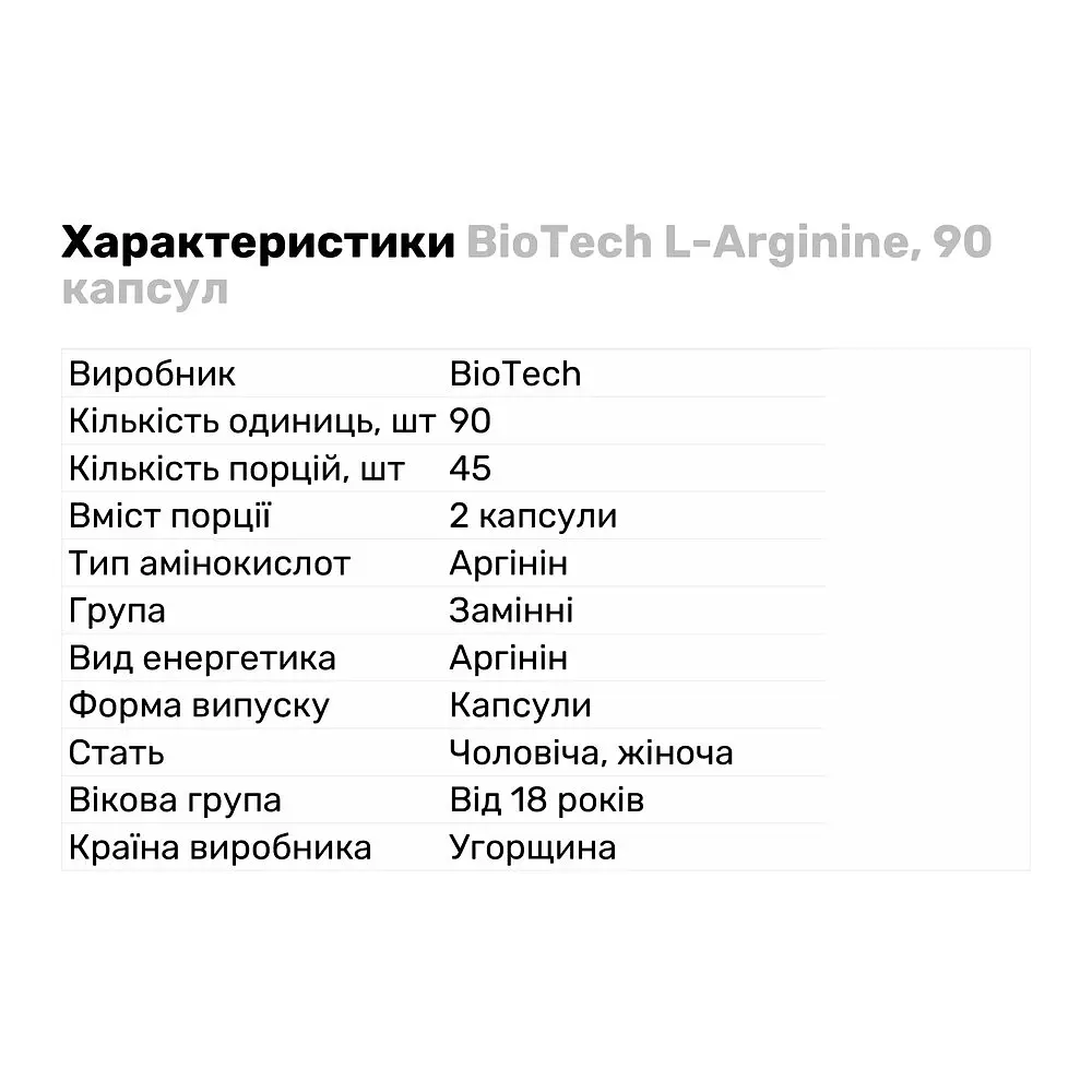 Аминокислота BioTech L-Arginine, 90 капсул - фото 2