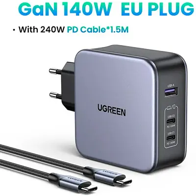 Зарядний пристрій Ugreen 3xUSB 140 Вт (2xUSB-C + USB-A) GaN CD289 з кабелем USB-C — USB-C 1.5 м (90549) - фото 9